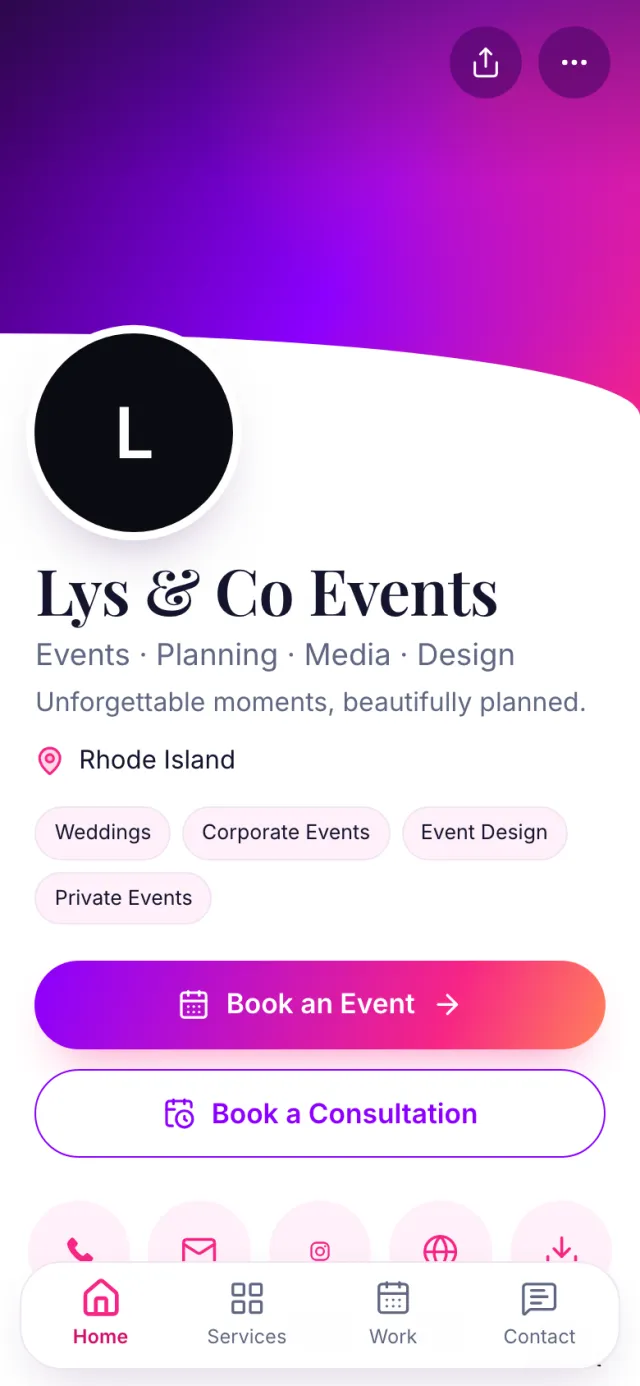 The Creative template on a phone, with a sample business