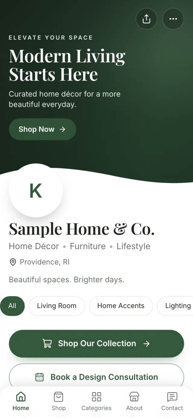 The Marketplace business template on a phone, showing a sample business
