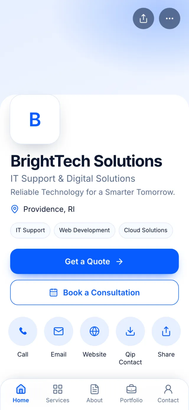 The Modern Professional template on a phone, with a sample business