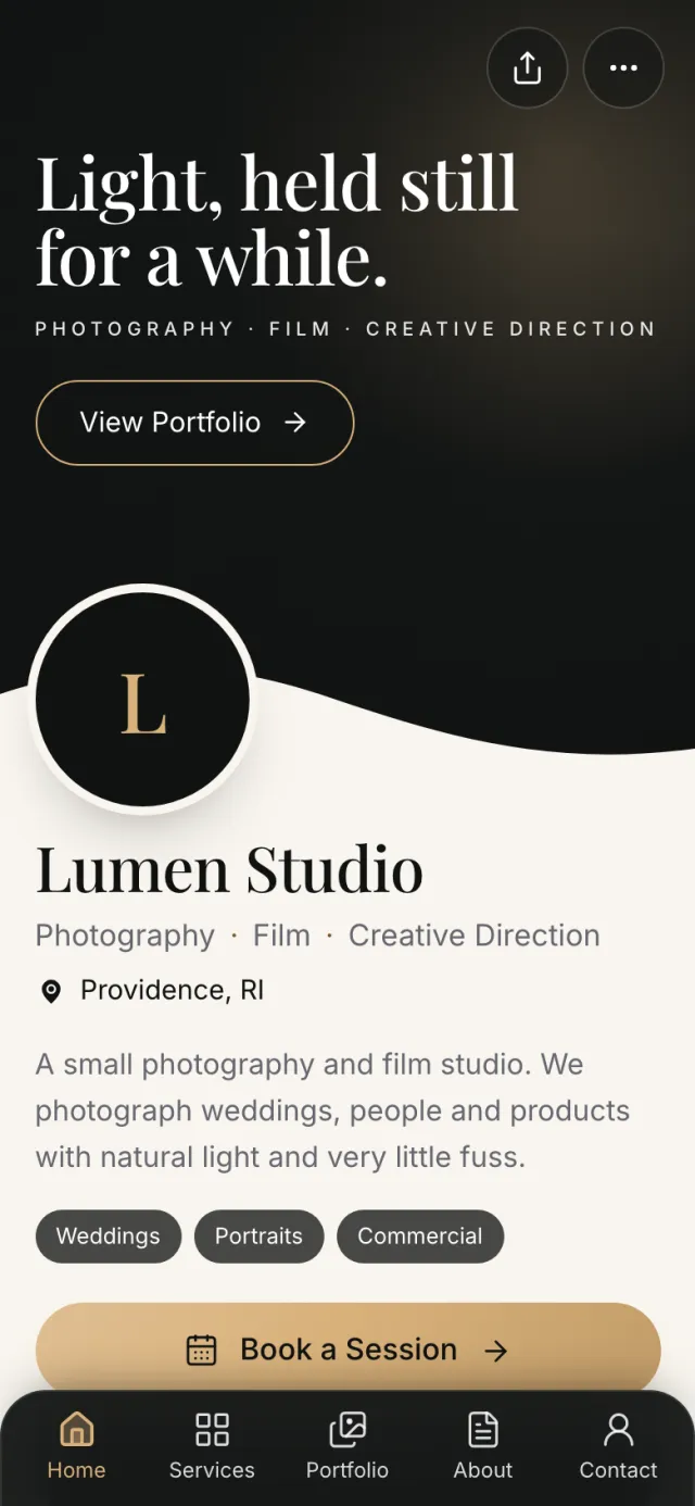 The Studio template on a phone, with a sample business
