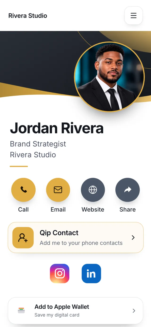 The Executive design on a phone, showing a sample card for Jordan Rivera, Brand Strategist