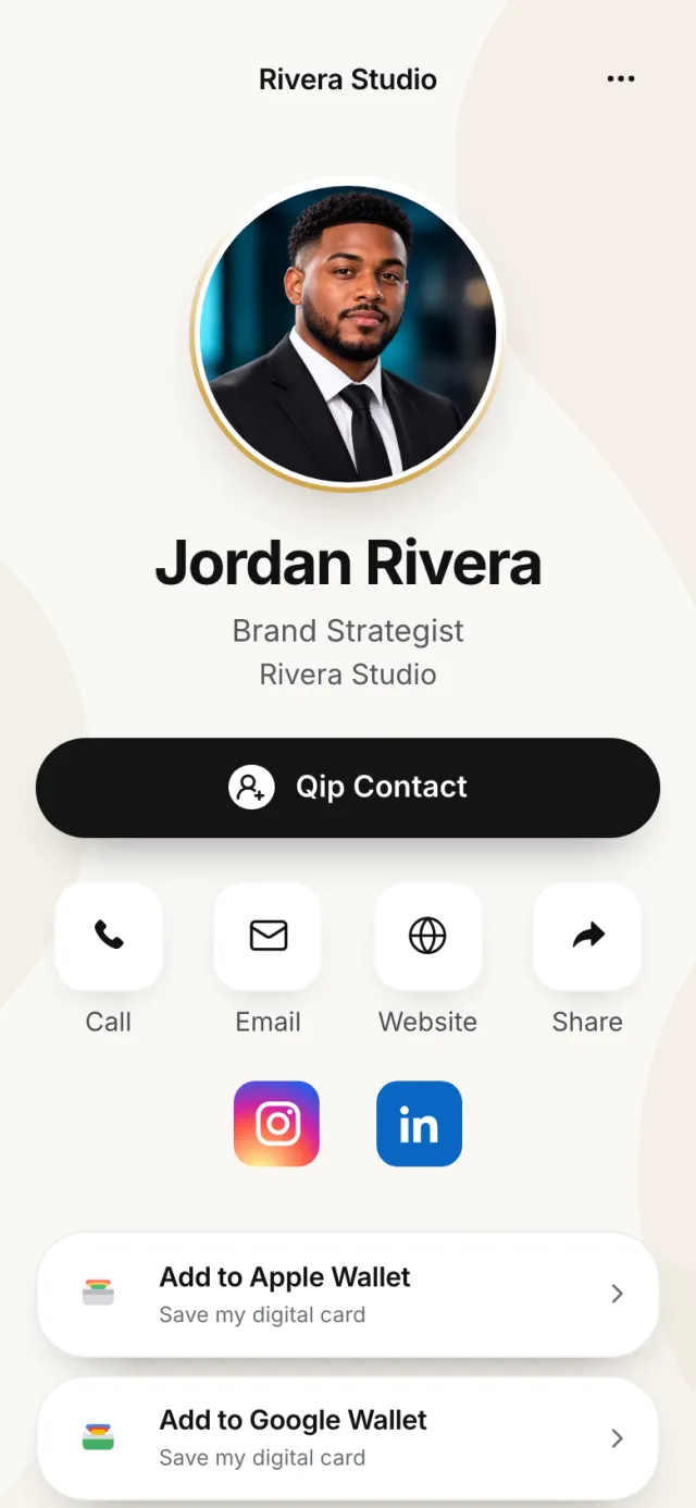 The Minimal design on a phone, showing a sample card for Jordan Rivera, Brand Strategist