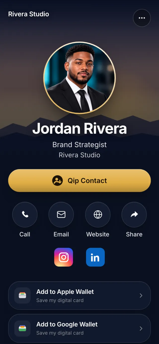 The Panorama design on a phone, showing a sample card for Jordan Rivera, Brand Strategist